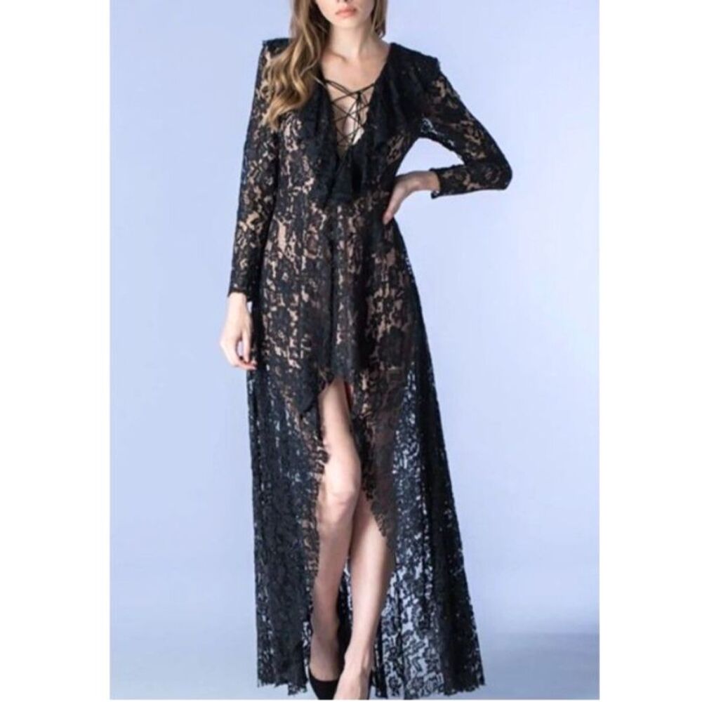 DO+BE Black Lace Maxi Dress Boho Gothic Plunge Lace-Up High-Low Hem Small NWT